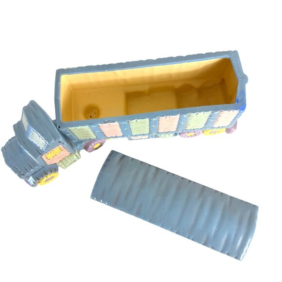 Patchwork Semi Truck Trinket Box Ceramic VTG 70s Kitschy Decor Rare OOAK Driver - Picture 2 of 16